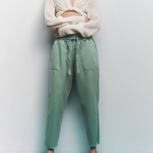 Zara The Raw Hem Jogger Pants in Light Green Size Small - Picture 1 of 8